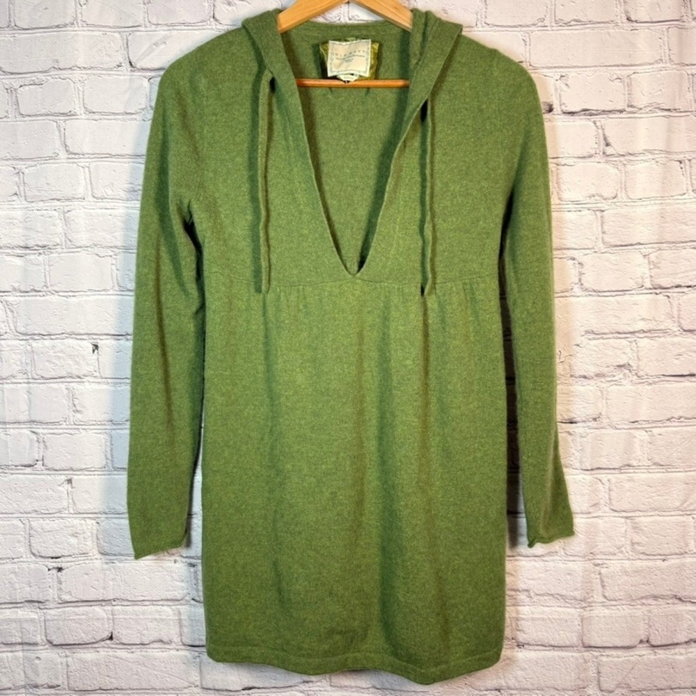 Old Navy M Green 100% Cashmere Hooded V-Neck Empire Waist Sweater Dress Tunic